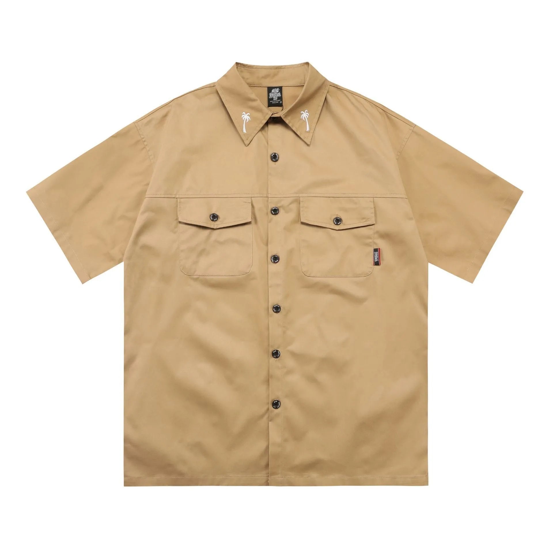 Men's black loose-fit cotton blend shirt with chest pocket and embroidered design on half sleeve.