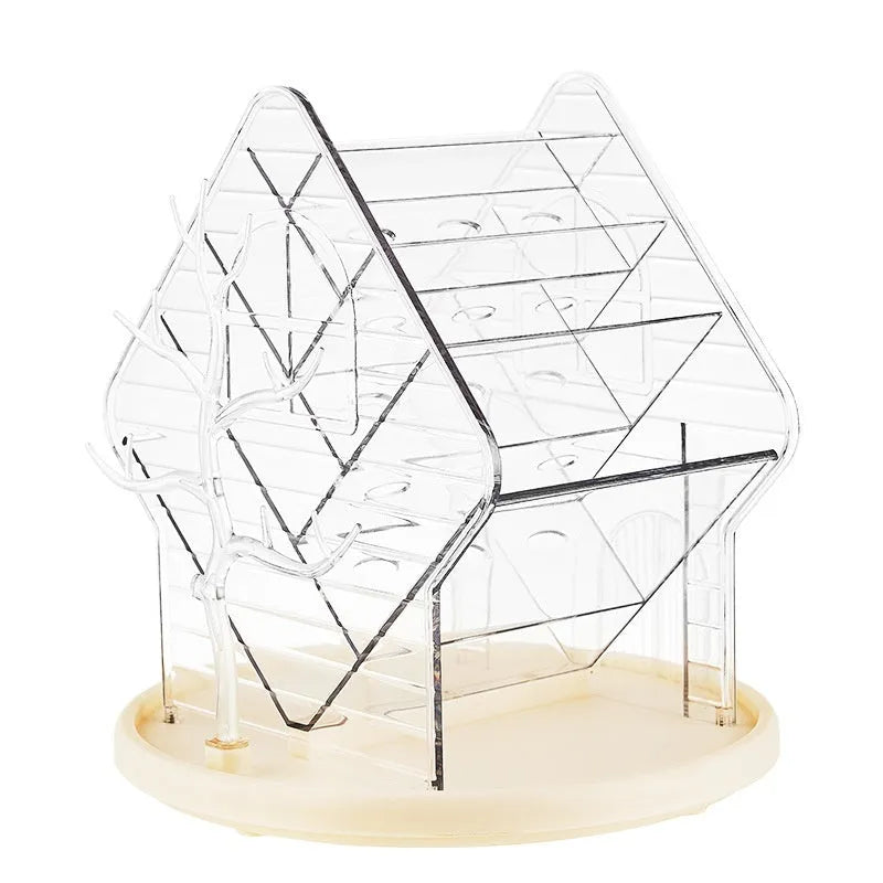 Transparent rotating cosmetics storage box with 360-degree rotation in clear or amber gold plastic