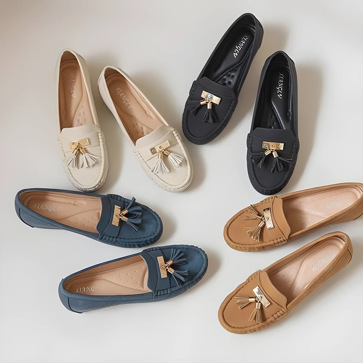 Nude casual work shoes with a heel height increasing insole, shown in available colours.