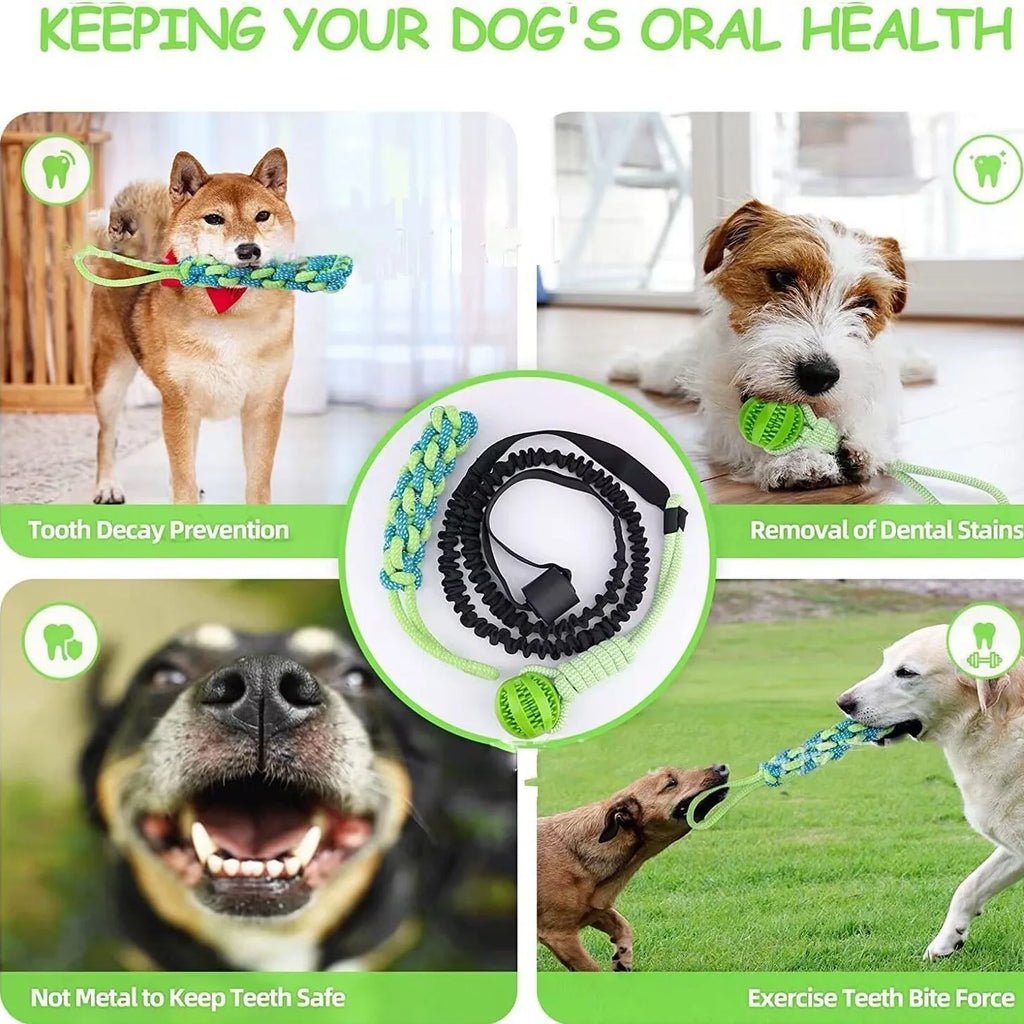 Cotton thread dog tug-of-war rope toy showing one of four design variants: corncob, teether ball, combination ball, or handle ball.