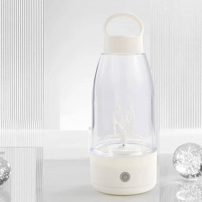 Automatic electric shaker bottle with USB port, handle, and blending motor in green, pink or white.