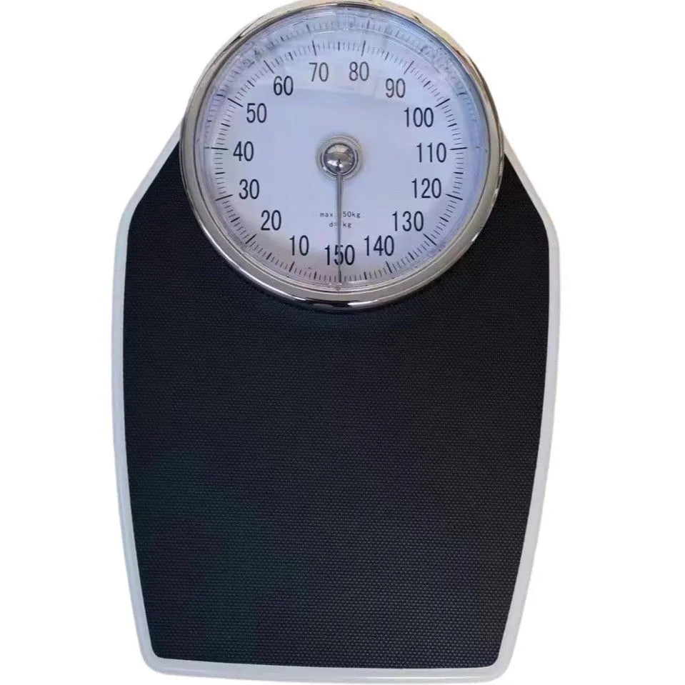 Black mechanical body weight scale with large dial display measuring 47x35x11cm