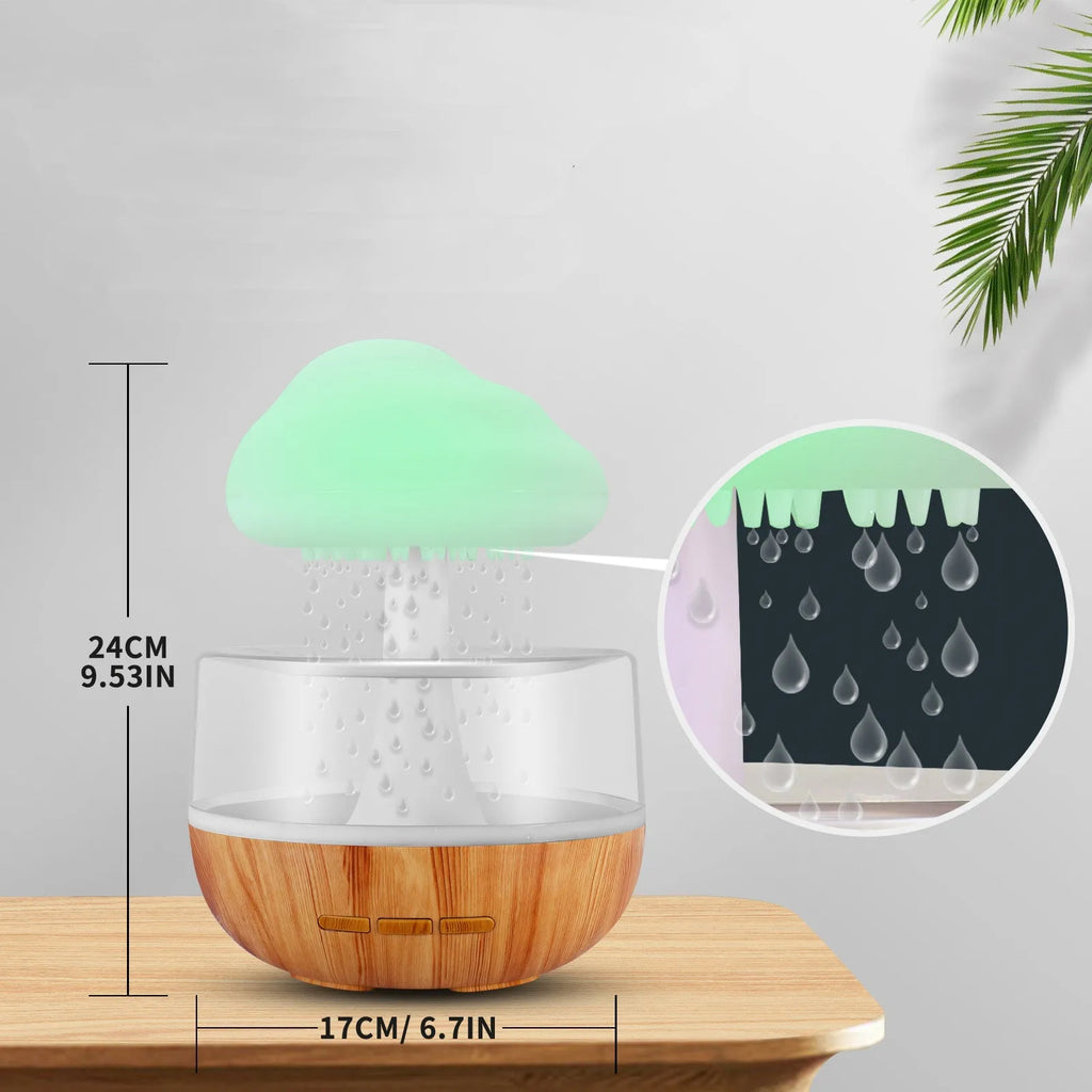 White cloud-shaped humidifier with changing colour lights and water drop display for essential oil diffusion