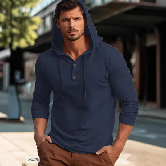 Long sleeve cotton pullover hoodie in dark blue, shown in European/American sizing.