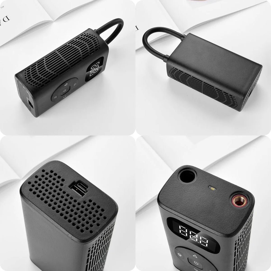 Black portable power bank tyre inflator with hose for cars and bikes