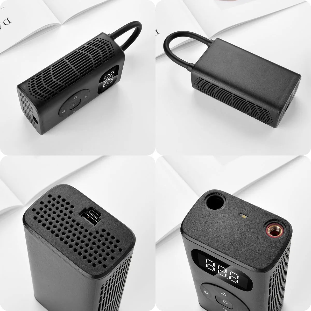 Black portable power bank tyre inflator with hose for cars and bikes