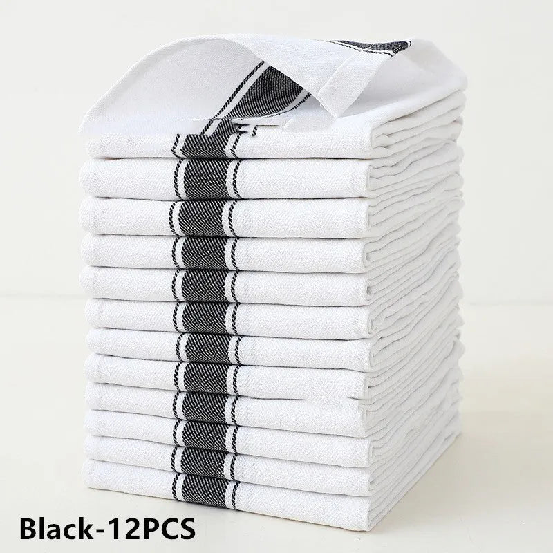 Set of twelve striped cotton dish towels in various colours measuring 48 by 70 centimetres
