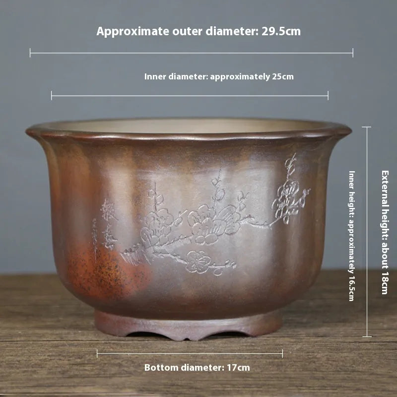 Indoor antique carved wood burning ceramic flowerpot with purple sand material for bonsai display