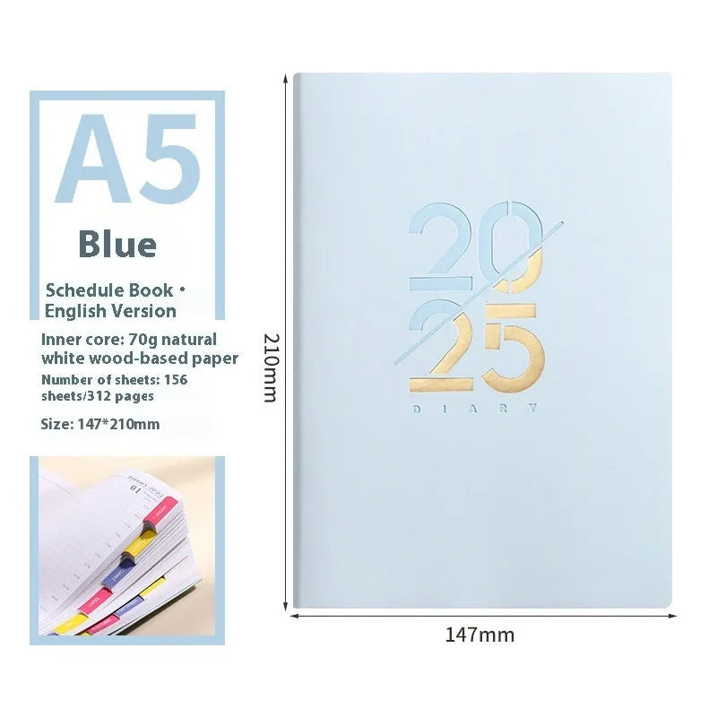 A5 daily schedule book with soft faux leather cover, open to show thread-bound 150 pages.