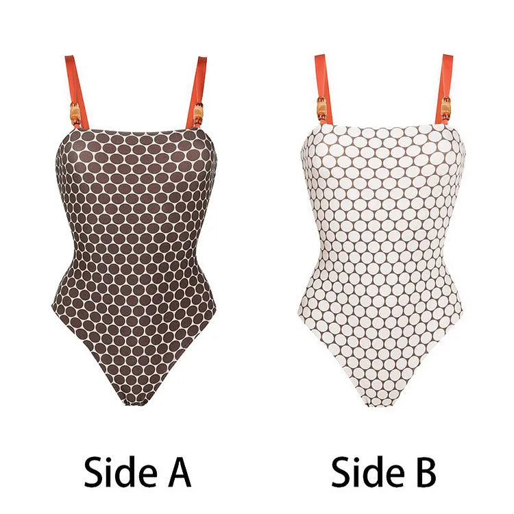 Women's printed dot pattern one-piece swimsuit with matching wrap skirt set on a mannequin