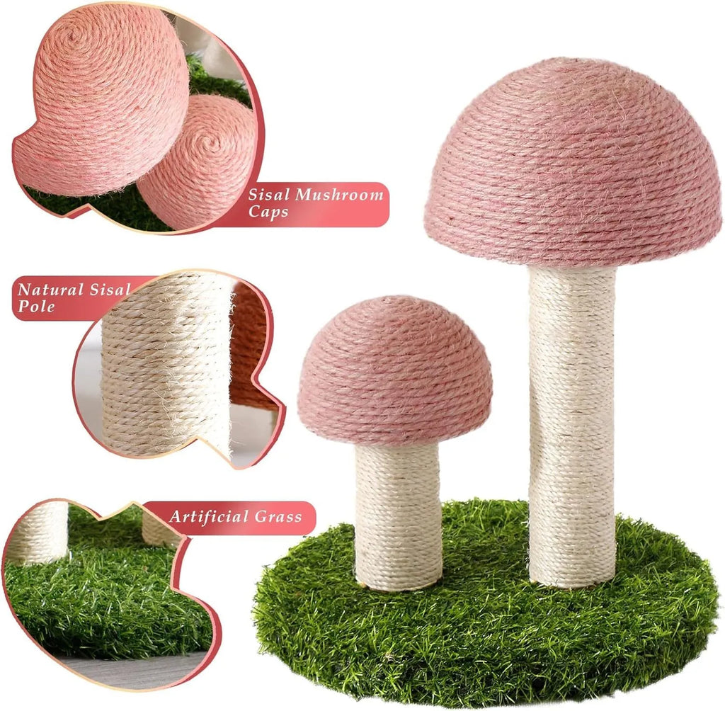 Pink mushroom-shaped cat scratching post with sisal fibre caps and pole for small cats.