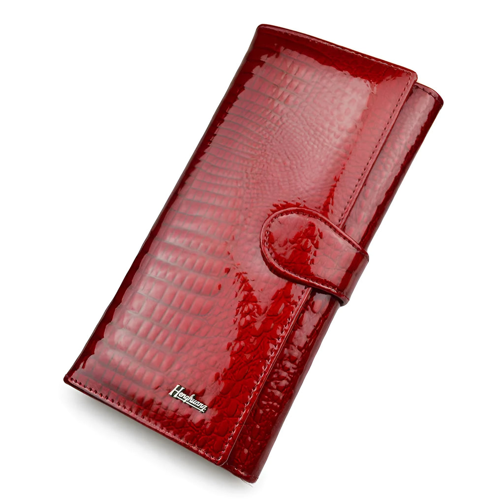 Genuine leather women's coin purse with patent crocodile pattern in wine red, black, and red colour options