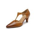 Brown retro women's sandals with T-shaped strap and 6-8cm heel in cowhide leather