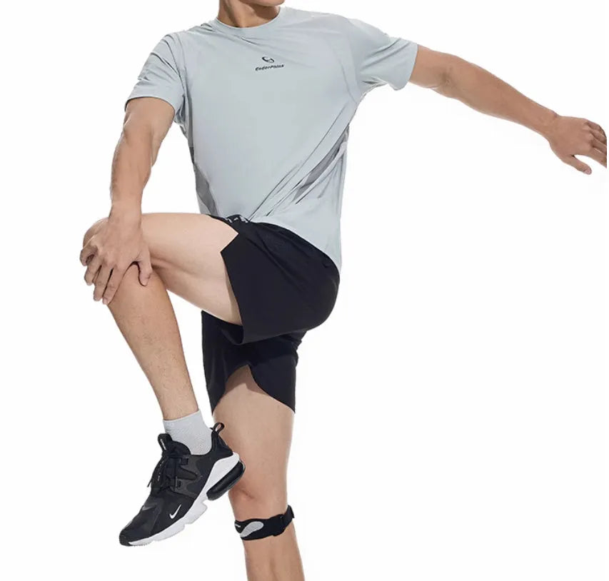 Men's black and blue stretch running shorts with laser punching for athletic training