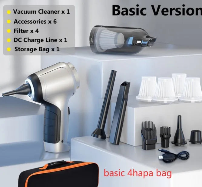 Handheld and vertical vacuum cleaner with brushless motor mounted in car with charging cable and accessories bag