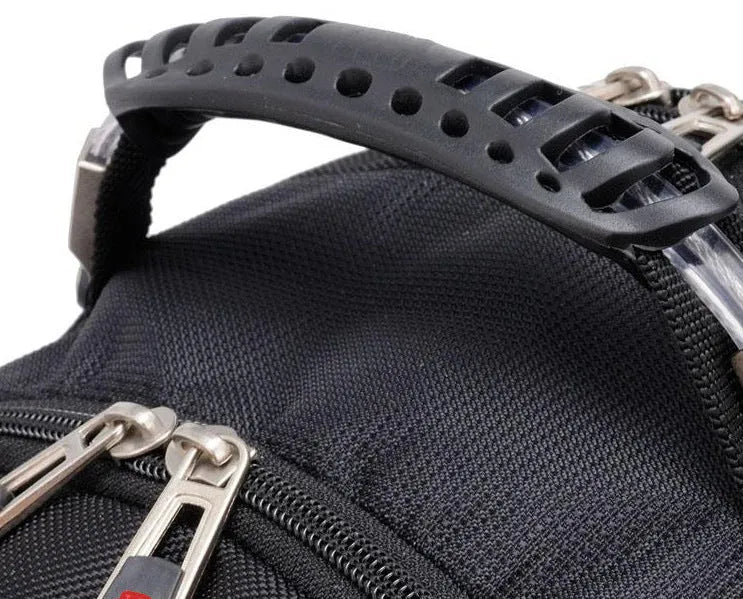 Black business computer backpack open to show three compartments and laptop sleeve