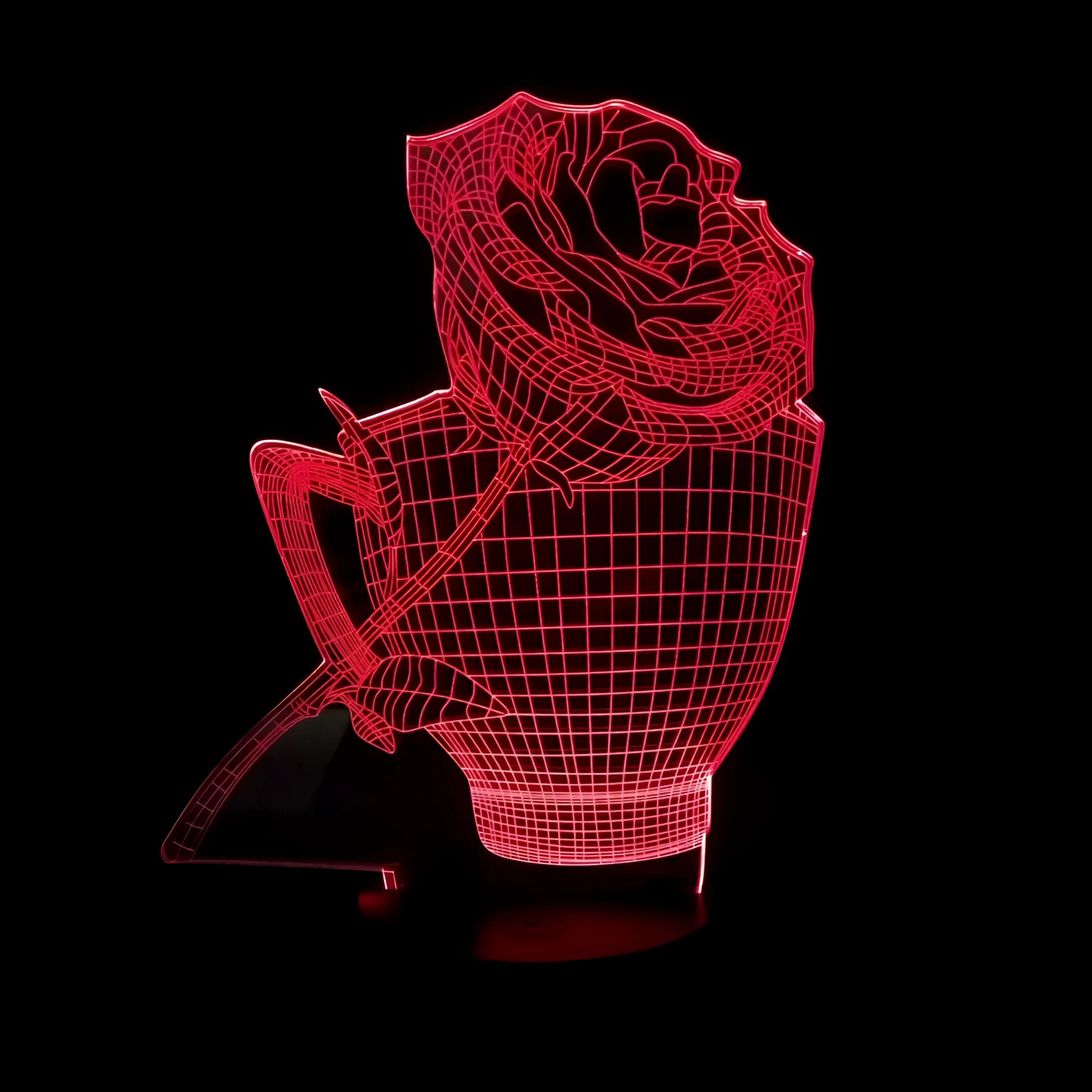 3D rose-shaped night light with colour-changing LED illumination on acrylic panel with ABS base
