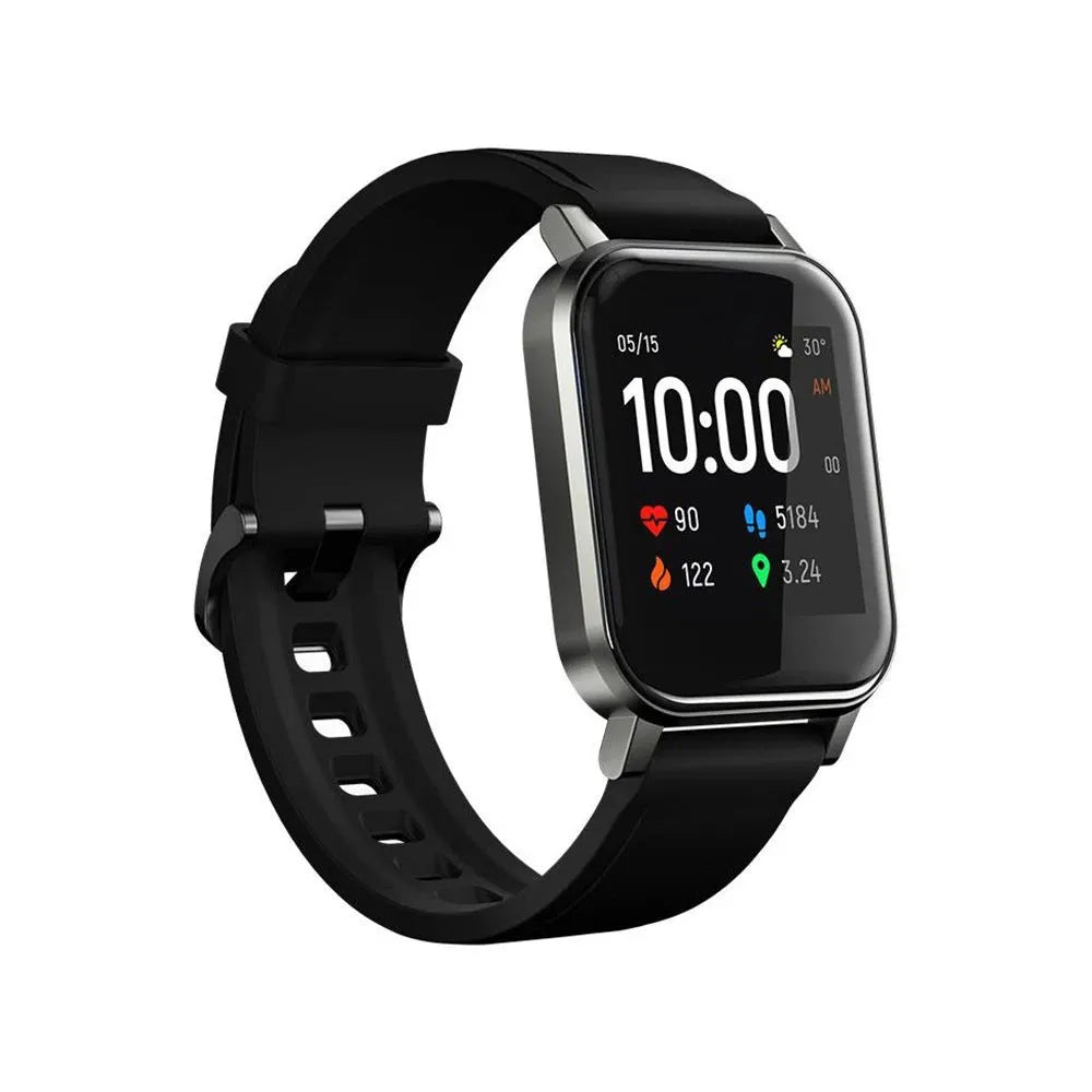 Black waterproof smart bracelet with 1.4-inch touchscreen and silicone strap on wrist