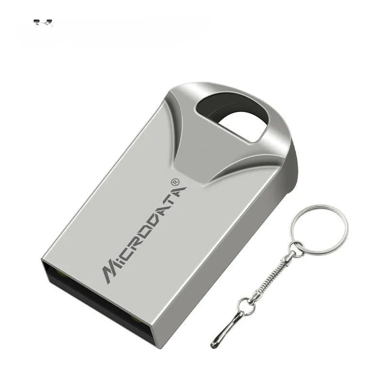 Silver car-shaped metal USB drive on a necklace chain, shown next to a black version.