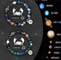 Set of twelve natural stone beaded bracelets, each with a different zodiac sign charm on elasticated cord.