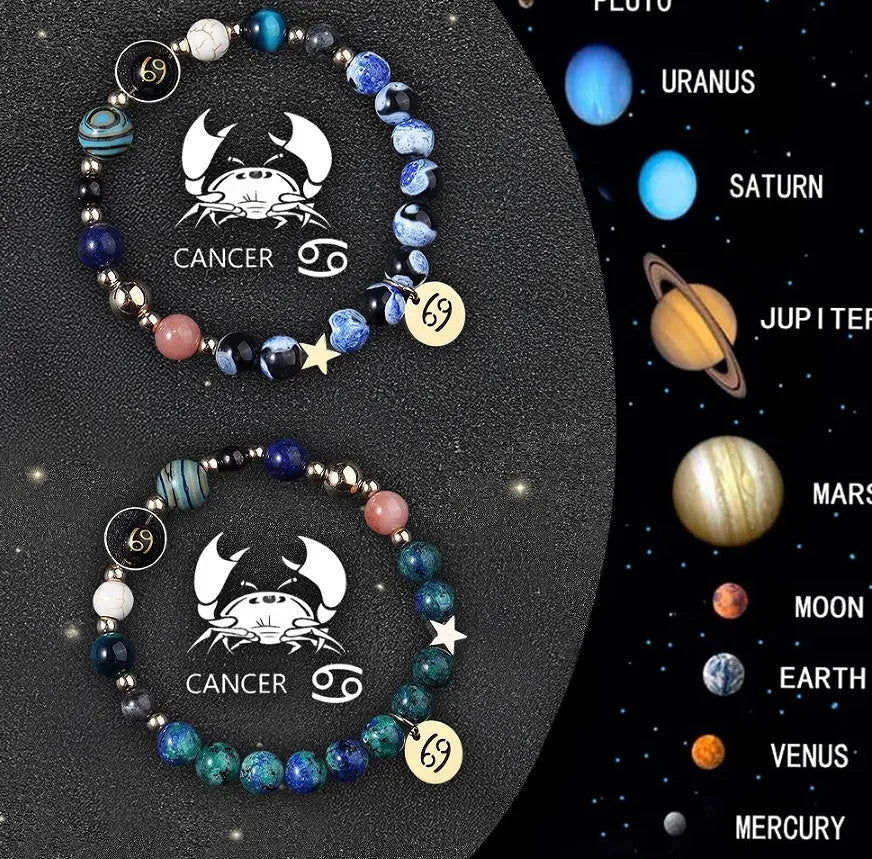 Set of twelve natural stone beaded bracelets, each with a different zodiac sign charm on elasticated cord.