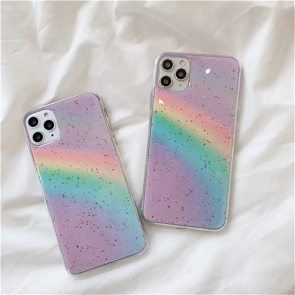 Rainbow gradient TPU iPhone case with striped design on iPhone