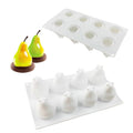 Silicone baking mould with six cavities shaped like pineapples, pine cones, and pears for making mousse desserts.