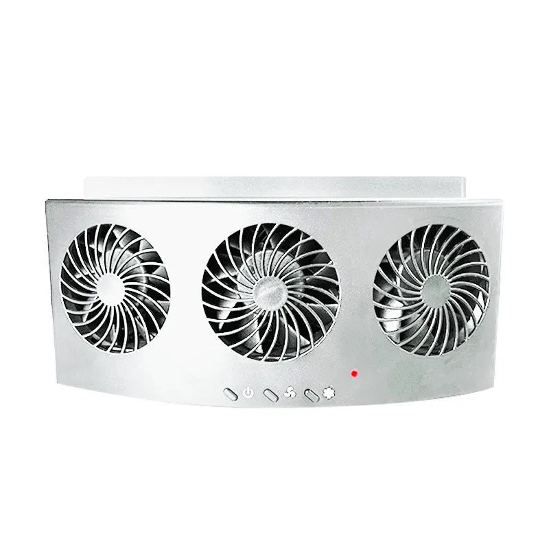 Portable black and white car ventilation fan with USB power cord for reducing exhaust odour