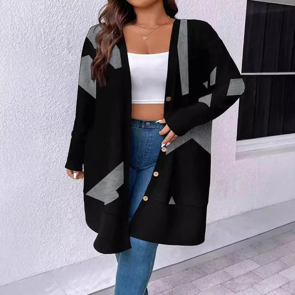 Black plus size casual cardigan coat with button stitching and printed pattern in Japanese Korean style