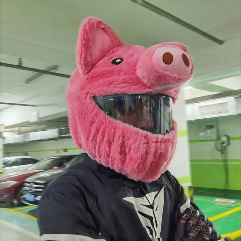 Pink pig cartoon plush hood for motorcycle helmet protection with matching storage sleeve