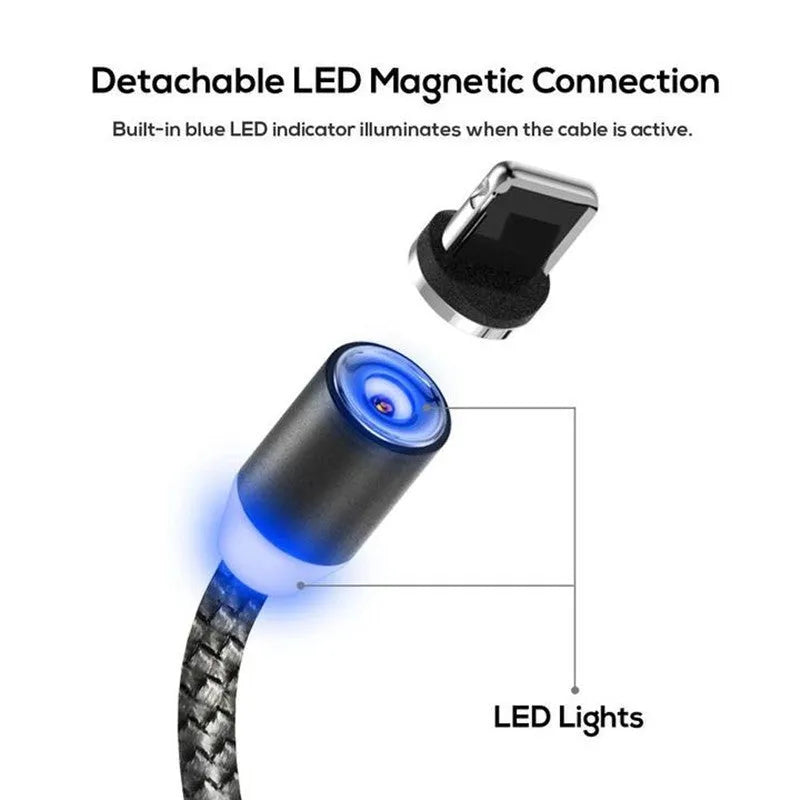 Magnetic charging cable with aluminium alloy housing and three magnetic plug heads for Android Apple and Type-C devices
