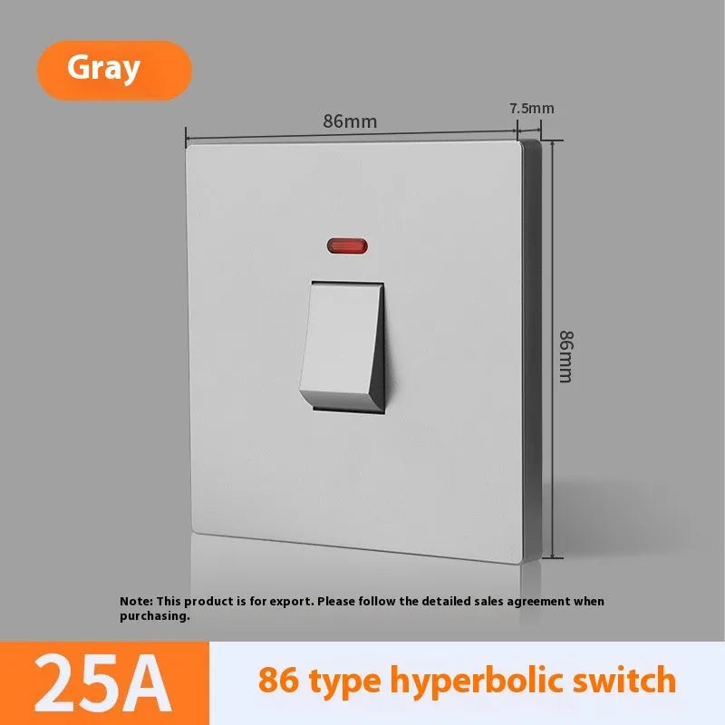 High-current illuminated switch for appliances in gold, grey, or white finish showing on/off light panel.