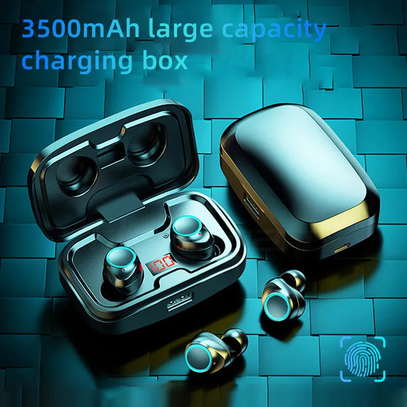 Black Bluetooth gaming headset with charging case showing earplug style design and mobile phone charging capability