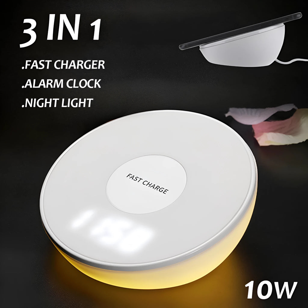 White wireless charging pad with clock display and alarm functions for smartphone bedside charging