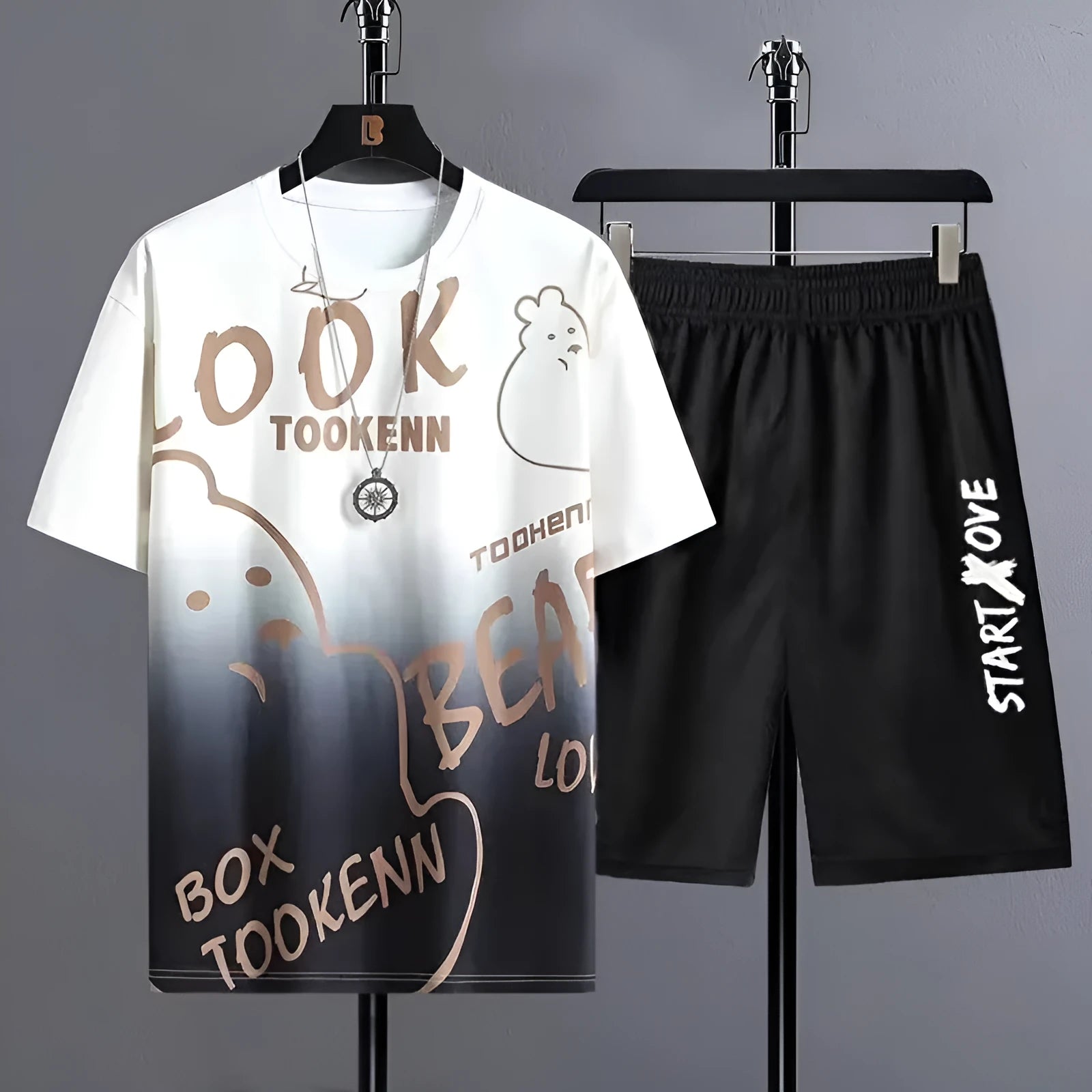 Men's light grey polyester summer suit set featuring a short sleeve T-shirt and matching shorts.