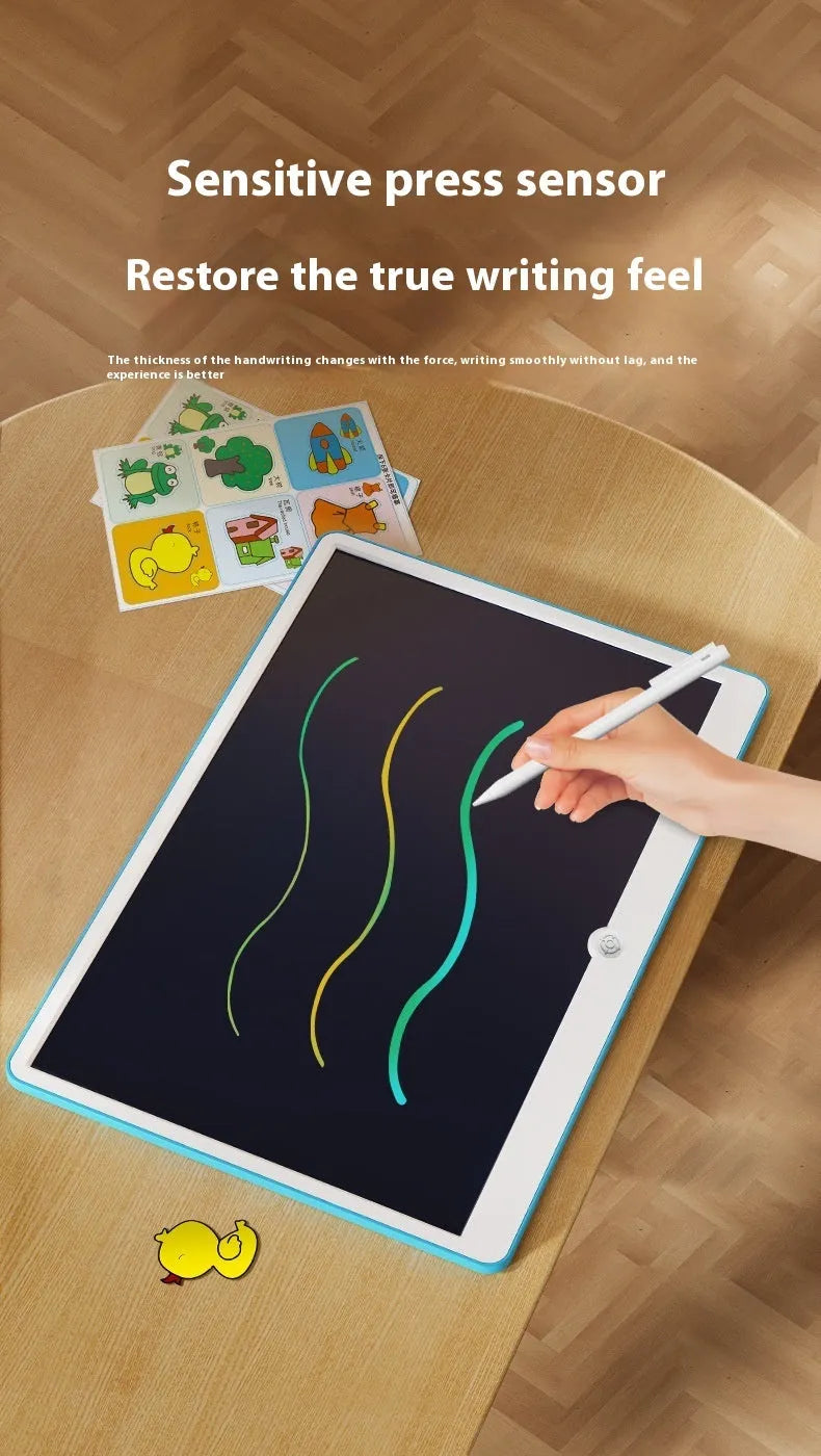 19-inch rechargeable LCD drawing board for kids in blue and white colours with stylus.