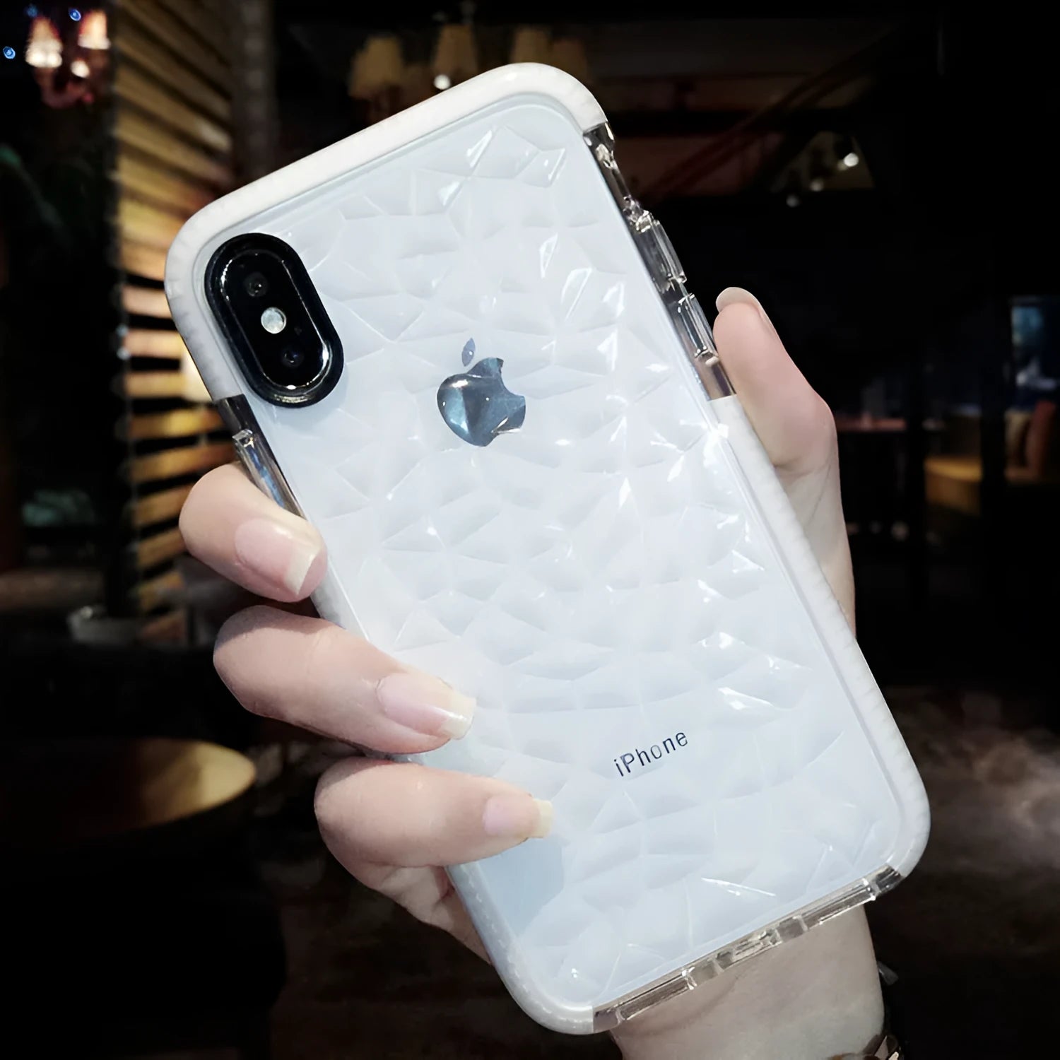TPU iPhone back cover case with striped pattern, shown in pink edge, white edge, and black border colour options.