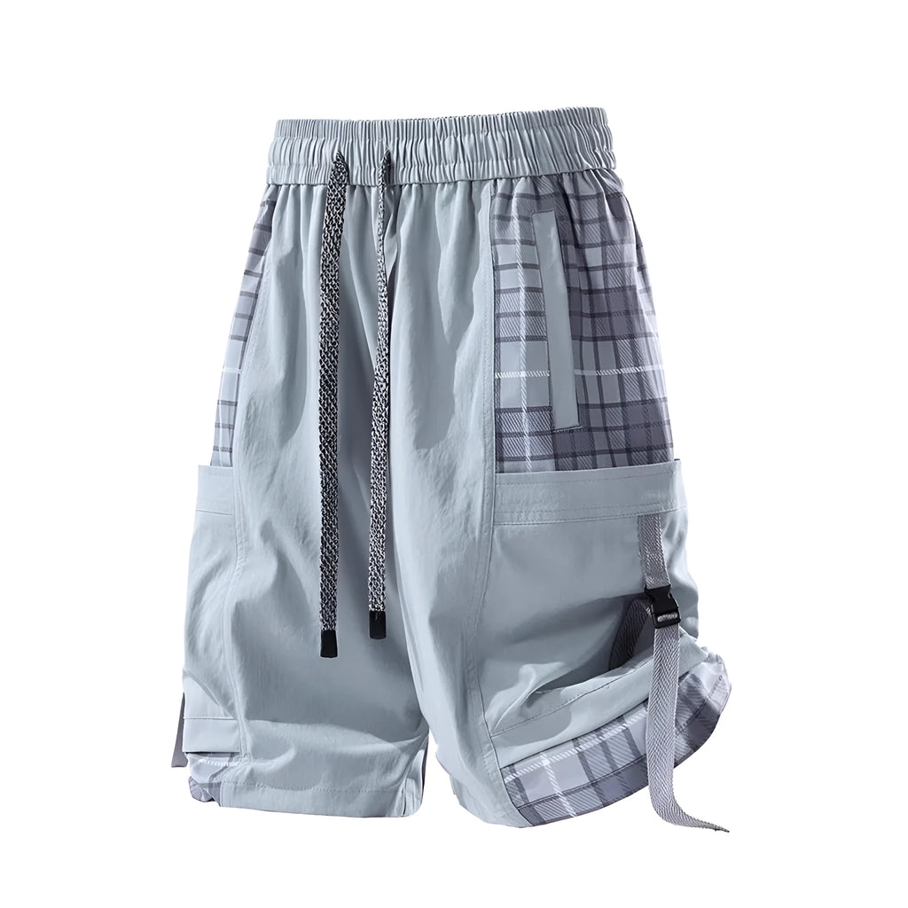 Men's loose fit cargo shorts with plaid stitching in black, grey colours.