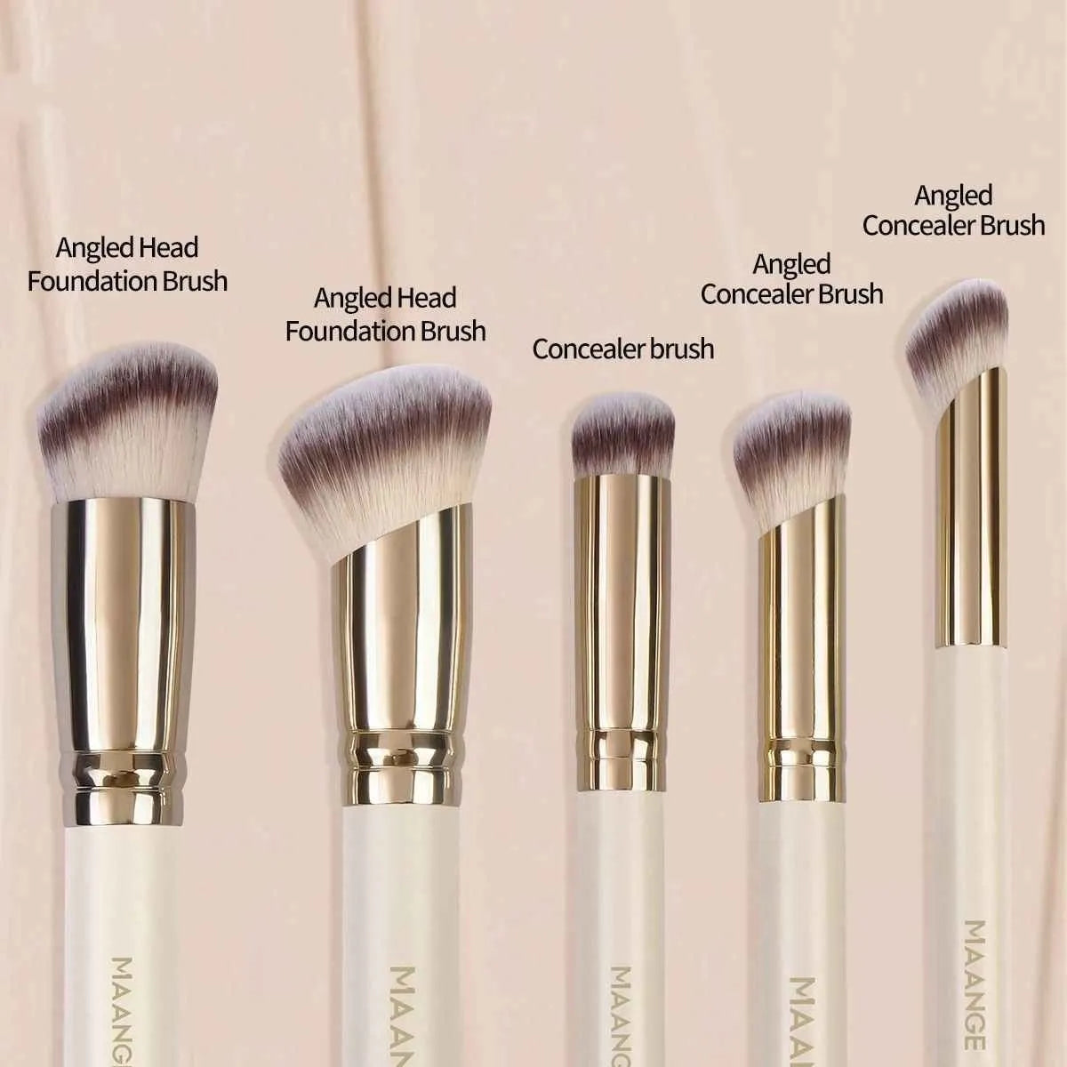 MAANGE apricot coloured 5-piece makeup brush set with angled blusher brush on a table