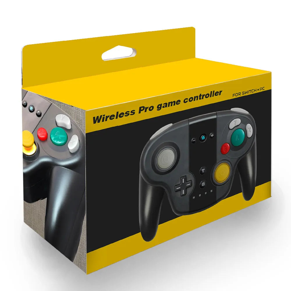 Black wireless gamepad controller for Nintendo Switch and PC with colourful packaging