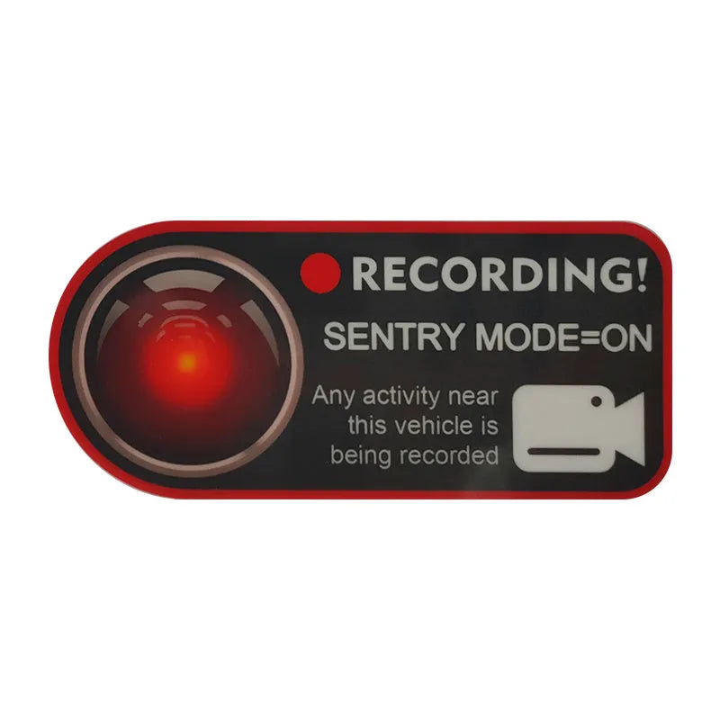 Pair of white electrostatic warning stickers for Tesla Sentry Mode, sized 11x5 cm.