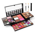 74 colour makeup palette open showing eyeshadows, lip glosses, and face powders with a mirror and brushes.