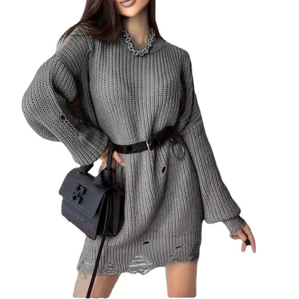 Women's loose hole knitted pullover sweater in solid colour, available in Rose Red, black and khaki, sizes S to XL
