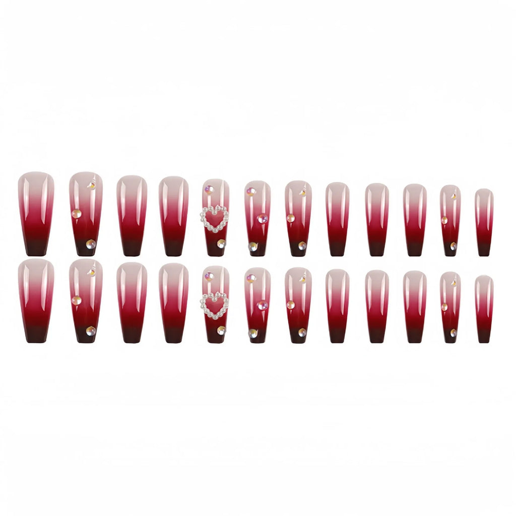 Wine red gradient plaid pattern fake nail tips with pearl hearts in long ballet style