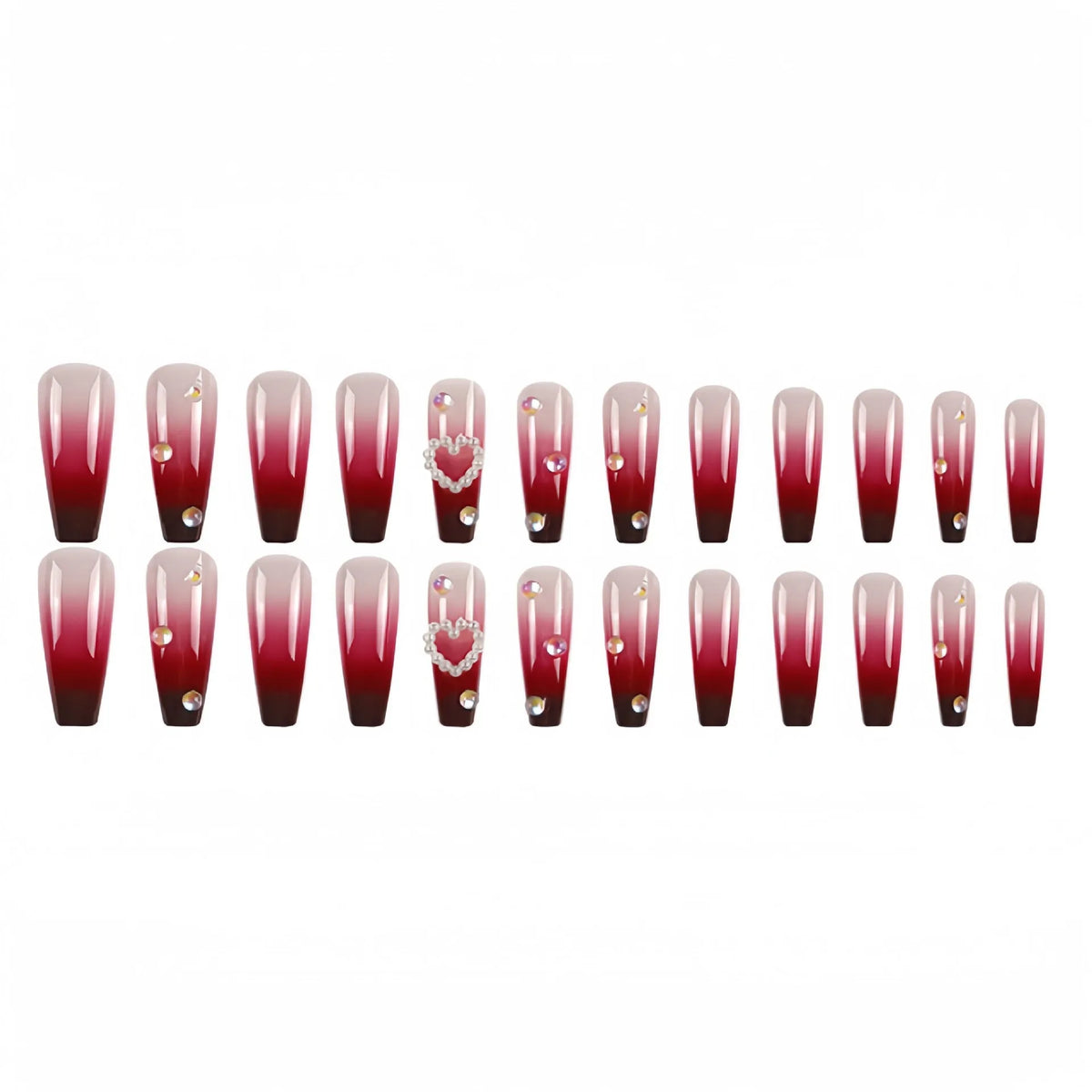 Wine red gradient plaid pattern fake nail tips with pearl hearts in long ballet style