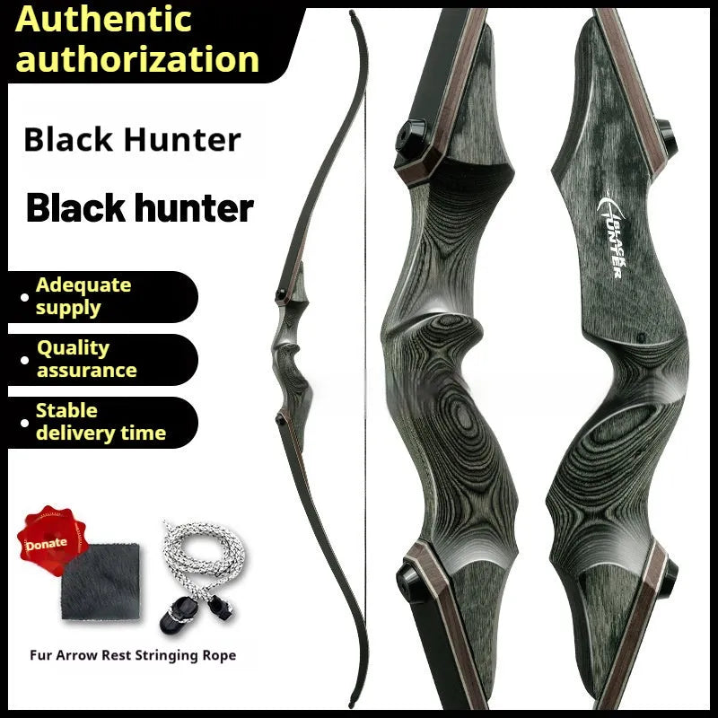Wooden traditional recurve bow with colourful technology wood handle, glass fibre bamboo maple limbs, and 20-60 pound draw weights.