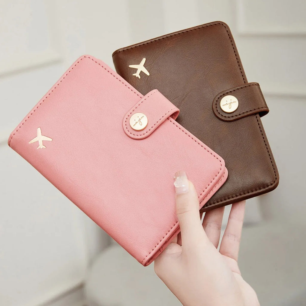PU leather passport holder wallet with RFID blocking in multiple colour options showing compartments and sewing detail
