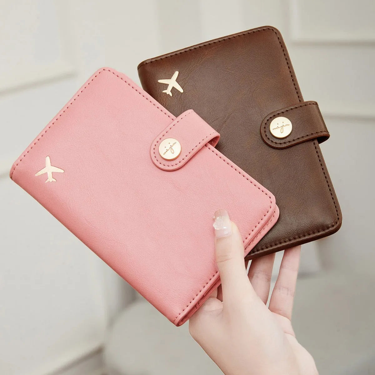 PU leather passport holder wallet with RFID blocking in multiple colour options showing compartments and sewing detail