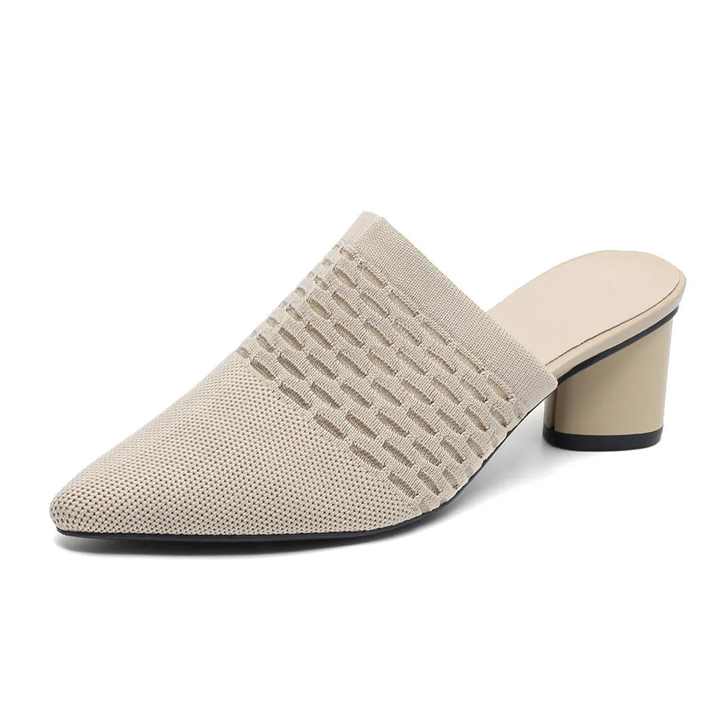 Women's pointed toe sandals with a fabric upper and 5cm chunky heel in fishing line colours.