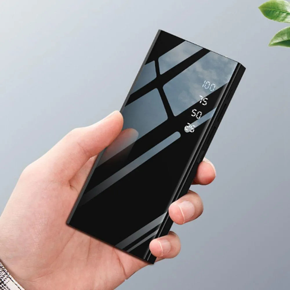 20000mAh power bank with LCD display showing battery percentage, dual USB ports, and compact design